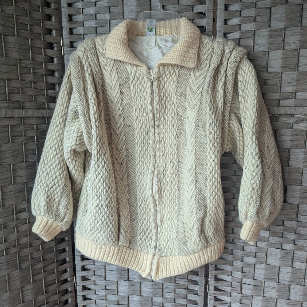 Vtg Branigan Weavers Jacket Cream Irish Wool Chunky Cable Knit Full Zip Sz M